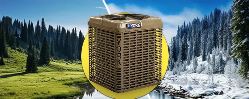 A heat pump in front of a split screen showing summer and winter