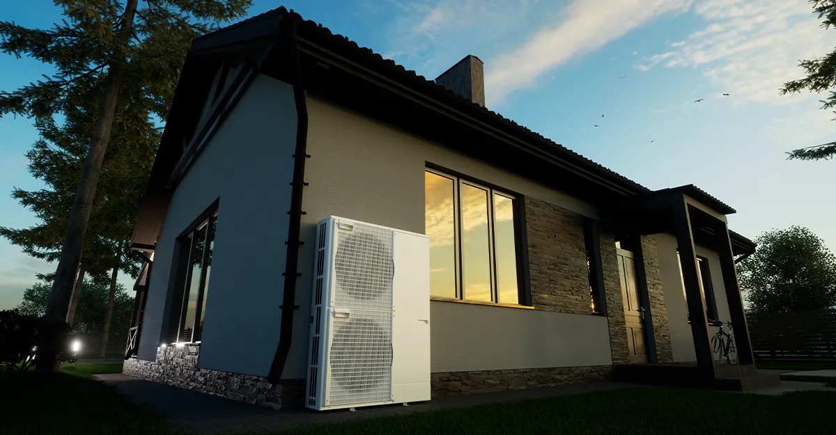 A heat pump condenser pictured on the outside of a home at dusk