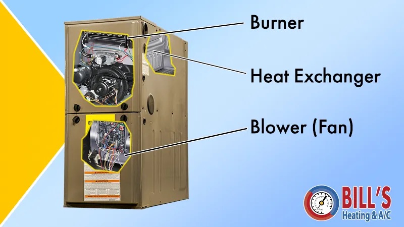 A cutaway of a furnace showing the blower, burner, and heat exchanger locations