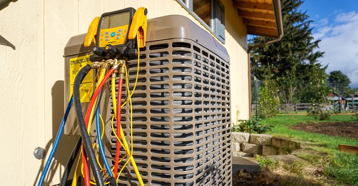 Refrigerant gauges hang on an air conditioner
