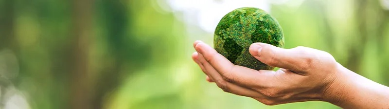 A hand holding a green ball representing earth and energy savings
